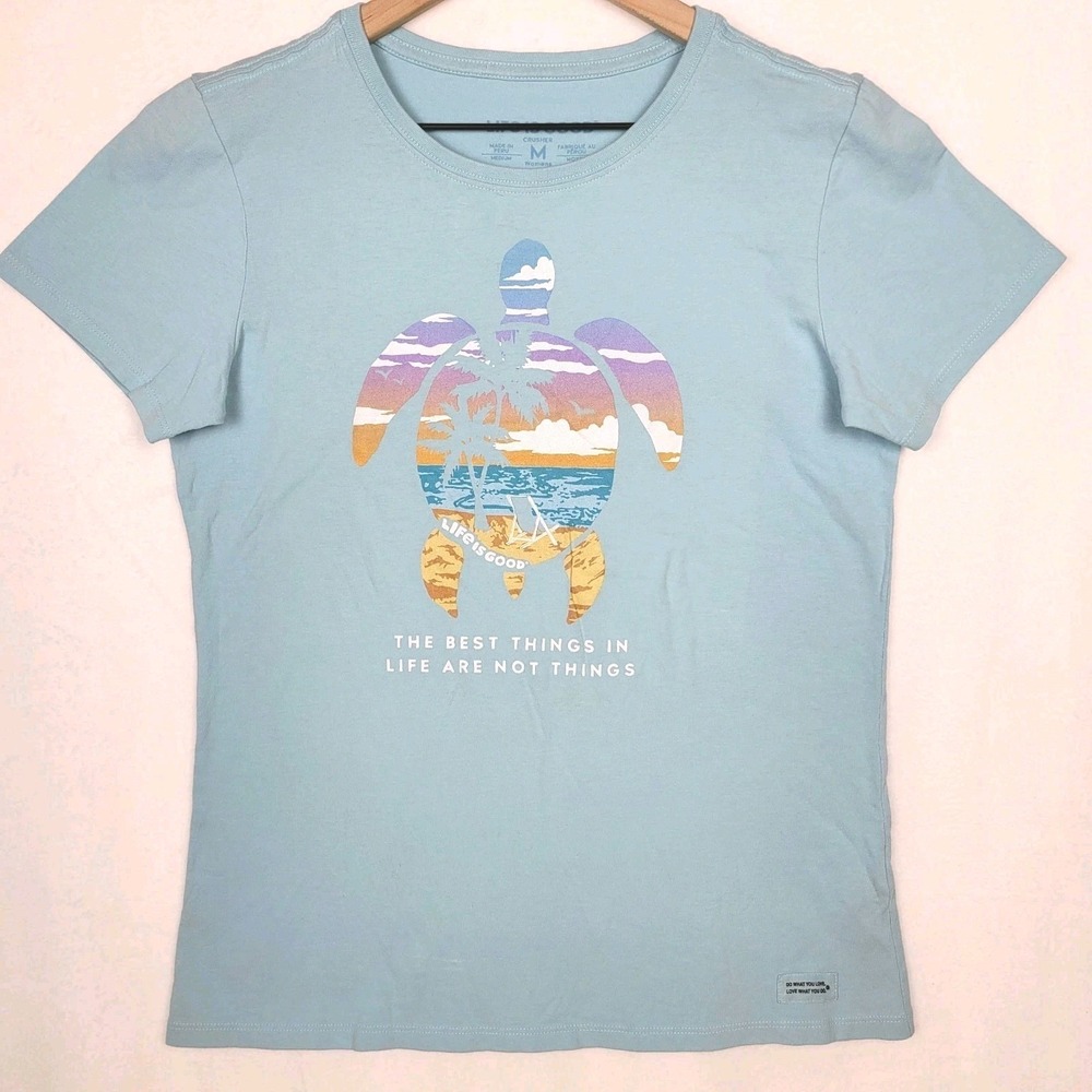 Life Is Good Women's Crusher Tee M Blue Sea Turtle Graphic Beach Coastal